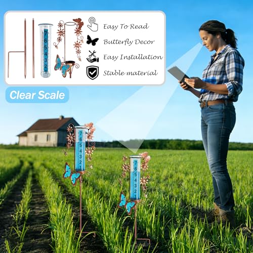 Rain Gauge Outdoor, Accurate & Easy to Read - color: Blue Butterfly
