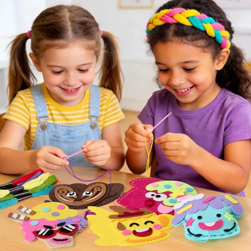 Toylink DIY Sewing Kit for Kids Ages 4-12, 12 Dessert Felt Craft Kit with Pre-Punched Holes, Blunt Plastic Needles, Cotton Stuffing - First Sewing Kit STEM Learning Toys for Girls Boys Birthday Gift - style: Dessert 2