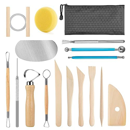 KACOLA Pottery Tool Kit, 17pcs Polymer Clay Tools, Modeling Clay Sculpting Tools Kit, Ceramics Tools, Trimming, Embossing Pattern, Smooth Wooden Handles