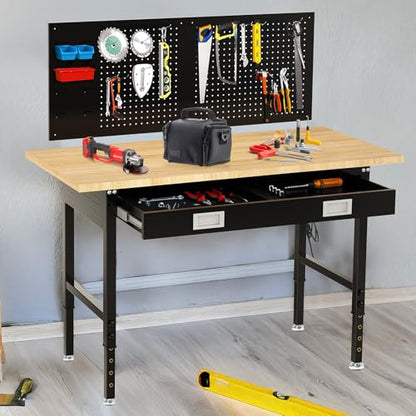 60" Workbench with Drawers, Adjustable Height Work Table, 2000 LBS Heavy-Duty, Rubber Wood, Black, Steel - size: 60"| Drawer | Pegboard | Power Outlets