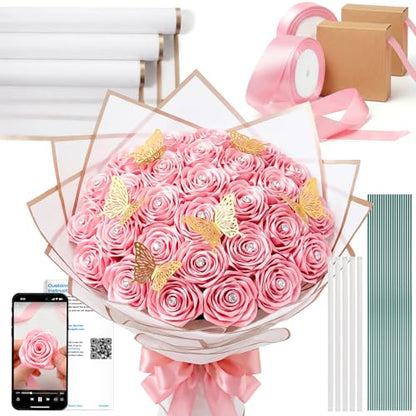 Caydo Pink Ribbon Rose Bouquet for Gifts - color: Light Pink