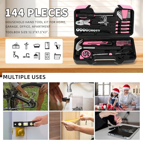 144-Piece Household Tool Set, Pink Tool Kit with Plastic Toolbox - color: Pink, size: 144-Piece