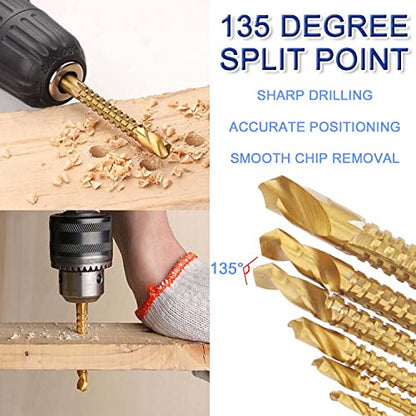 JONMON 8 Pack Titanium Coated HSS Twist Drill Bits - 3-10mm Serrated Drilling Grooving Side Cutting Drill Bit, Woodworking Hole Enlarging Tools for Wood, Plastic, Aluminum, Thin Metal