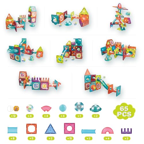 Contixo STEM Building Toys - 65 pcs Marble 3D Magnetic Run Tiles Learning Stacking Educational Building Blocks Set, Creativity Beyond Imagination, Inspirational, Recreational Toy for Kids, Ideal Gifts - style: STEM-65pcs