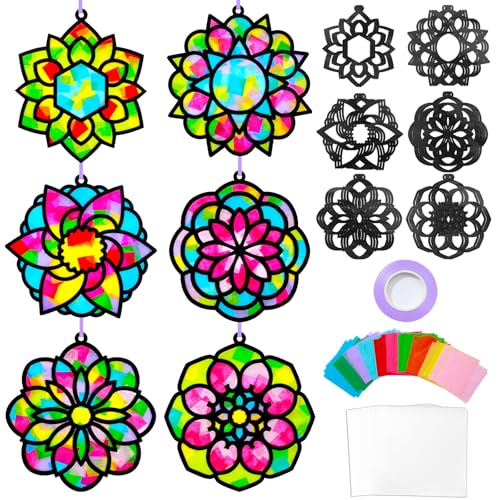 Qyeahkj 36 Set Mandala Suncatchers Crafts for Kids DIY Mandala Window Tissue Paper Craft Kit Art Flower Hanging Decor for Summer Home Activity Art Project Birthday Party Favor Gift - style: Mandala