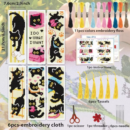 ACRNIGHEET 6PCS Cross Stitch Bookmark Kit for Beginner Stamped Cross Stitch Kits for Adults Naughty Black Cat DIY Tassel Embroidery Bookmark Kits Needlepoint Kit with Instructions Gift 8.5''x3'' 11CT - style: Cat Patterns