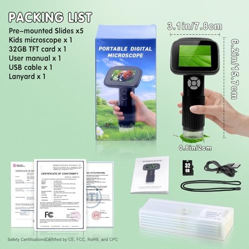 Microscope for Kids with 32GB Card, Adjustable 2.4inch IPS LCD Screen 5 Slides 1000X 1080P Digital Handheld Kids Microscope, Mini Portable Pocket Miniscope Science Toys Gifts for Boys Girls Aged 3-12 - color: Black