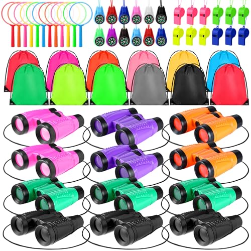 Foilswirl 12 Set Binocular Compass Magnifying Glass Set Christmas Birthday Gift Small Telescope Binocular with Whistle Bag for Outdoor Exploring Stocking Stuffer(Stylish Color,Classic)