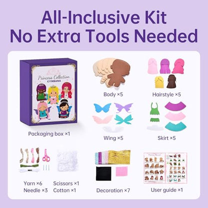 Cymbana Kids Sewing Kit, Make Your Own 5 Princess Felt Crafts Set for Girls - color: Princess