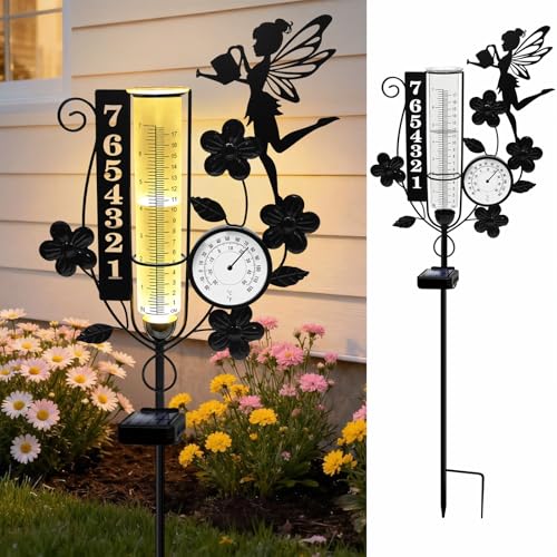 Metal Fairy Number Solar Rain Gauge Outdoor with LED Light and Thermometer - color: Fairy