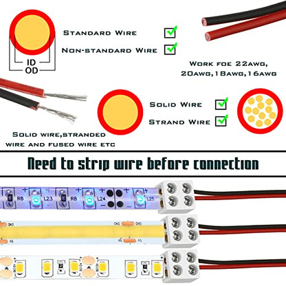 25 Pack Solderless White Led Tape Light Connectors Tighten Screw Terminal Blocks 2 Pin 10mm Connector with Screwdriver Wire to Strip Connector for 5v 12v 24v Monochrome LED Low - size: 10mm-25