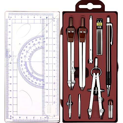 Outus 13 Pcs Geometry Set for Students Metal Compass Math Protractor - color: Brown