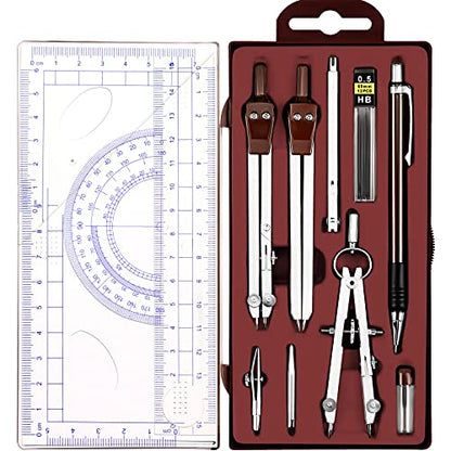Outus 13 Pcs Geometry Set for Students Metal Compass Math Protractor - color: Brown