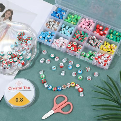 100 Pcs Polymer Clay Christmas Beads for Making Bracelets, 10mm Christmas Spacer Beads Charms for Women Jewelry Making DIY Xmas (Christmas D) - color: Christmas D
