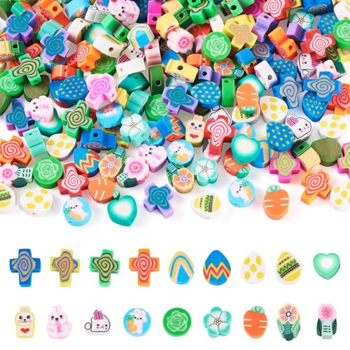Elecrelive 200Pcs Easter Polymer Clay Beads Rabbit Carrot Cross Heart Easter Egg Beads Charms Spring Polymer Clay Accessories for DIY Bracelet Necklace Bracelet Earring Jewelry - color: Mix Colors, Easter
