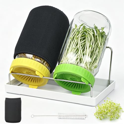 Seed Sprouting Kit - 2×32 Oz Wide-Mouth Mason Jars with Sprouter Lids, Stand, Sprout Tray & Light Shield, for Broccoli, Alfalfa, Mung Beans & Microgreens (Yellow + Green) - color: Yellow + Green