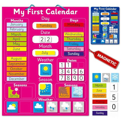 My First Magnetic Pink Calendar for Kids, Rigid Board (40x32 cm) plus Easy Hanging Loop, Days of the Week, Date & Month of the Year, Weather & Seasons, Suitable for learning at Home or in a Classroom - color: Pink