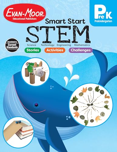 Evan-Moor Smart Start STEM Workbook, Grade PreK, Science, Technology, Engineering, Math, Hands On Activities, Problem Solving, Critical Thinking, Fine Motor Skills, Sequencing, Animals, Homeschool