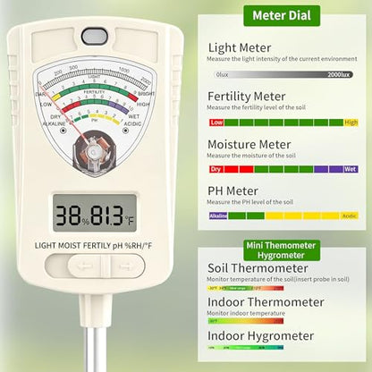 Soil Test Kit, 6 in 1 Soil Tester with Soil Moisture, PH, Fertility Meter with Digital Soil Temp, Air Temp and Humidity for Plants, Lawn, Farm, Indoor and Outdoor(2*AAA Battery Needed) - color: Black 6in1