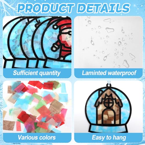Qyeahkj 36 Set Winter Christmas Suncatchers Craft Kit for DIY Santa Snowman Reindeer Globe Tissue Paper Craft Kit Hanging Decor for Xmas Home Activity Art Project Birthday Party Favor Gift - style: Christmas Snow Globe