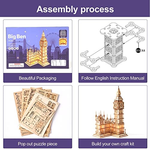 ROBOTIME 3D Puzzle for Adults Wooden Craft Kits for Teens DIY Construction Model Kit with LED Light to Build Educational Big Ben Set Toys Birthday Gifts - color: Big Ben