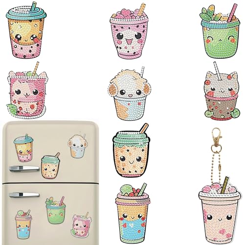 Bulerrylulu 9 Pcs Milk Tea Diamond Painting Magnets Kits Fridge Magnet Stickers Diamond Art Painting Keychains Gem Painting kit for Beginners Adults DIY Art Craft Gifts Home Decors - color: Milk Tea