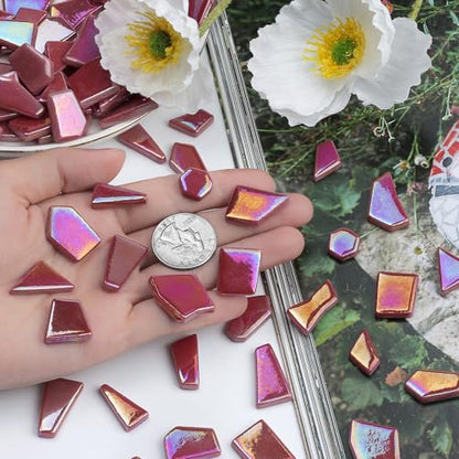 Youway Style 200g Iridescent Red Glass Mosaic Tiles for Crafs Bulk - color: Red, size: 200g