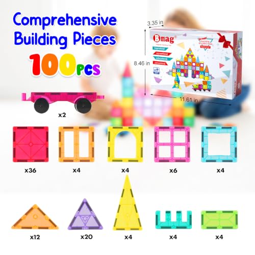 Bmag Magnetic Tiles Building Blocks Set with 2 Cars 100Pcs, Designed for Open-Ended Building and Versatile Play, Gifts for STEM Support and Parent-Child Interaction for Kids Aged 3+ - size: 100