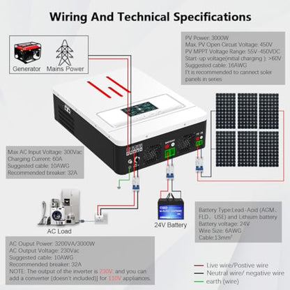 Y&H 3200W Hybrid Solar Inverter DC24V to AC230V, Supports Battery-Free Operation, with 80A MPPT Solar Charger, Pure Sine Wave Off-Grid, LiFePO4 BMS-RS485, 4ms UPS Transfer, RV & Home Zero-Bill Backup - size: 3200W-24V-M80A