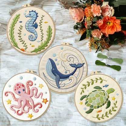 INFUNLY 4 Sets Embroidery Kit for Beginners with Sea Animals Pattern DIY Embroidery Kit for Adults Ocean Embroidery Art Kit Turtles/Seahorses/Octopuses/Whales Cross Stitch Kit with Embroidery Hoops - color: Sea Animal Kits