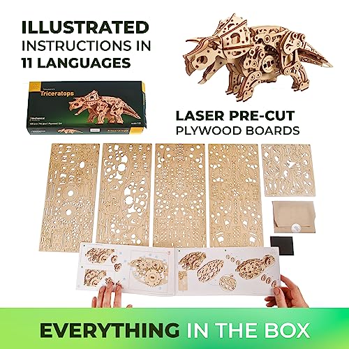 UGEARS Triceratops Dinosaur 3D Wooden Puzzles for Adults - Wooden Models Kits for Adults Dinosaur Model Kit Dino Wood Puzzle Animal Models for Adult Brain Teaser, Hobby Set