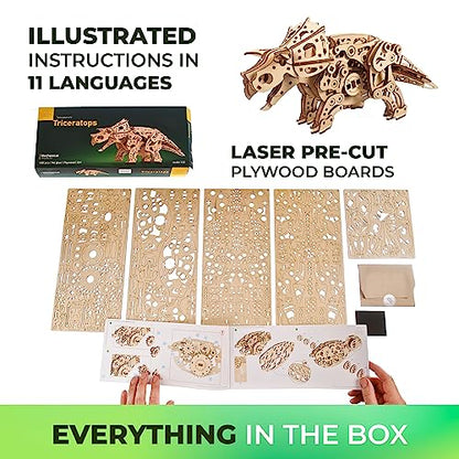 UGEARS Triceratops Dinosaur 3D Wooden Puzzles for Adults - Wooden Models Kits for Adults Dinosaur Model Kit Dino Wood Puzzle Animal Models for Adult Brain Teaser, Hobby Set