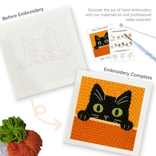 SDOYUNO Punch Needle Kit with Frame for Adults Beginners Kits 9.84 x 9.84 Inch Embroidery Starter Kits Punch Needle Kit with Black Cat Pattern, Threader, Yarns, Rug Punch, DIY Craft Kits (Black) - color: black