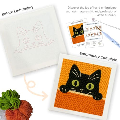 SDOYUNO Punch Needle Kit with Frame for Adults Beginners Kits 9.84 x 9.84 Inch Embroidery Starter Kits Punch Needle Kit with Black Cat Pattern, Threader, Yarns, Rug Punch, DIY Craft Kits (Black) - color: black