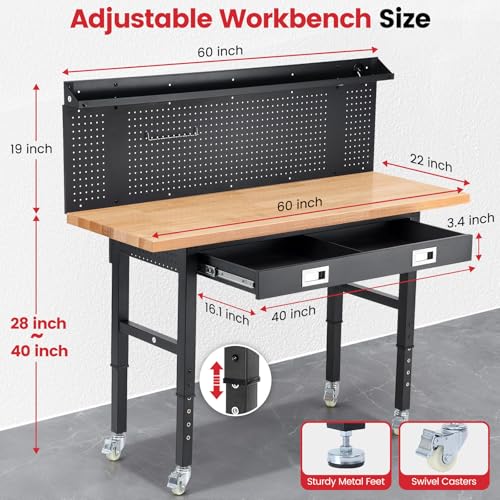 ENJOYWOOD 60" Rolling Workbench with Drawers, Adjustable Height