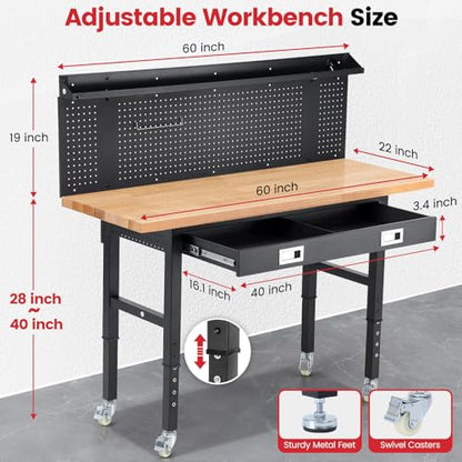 ENJOYWOOD 60" Rolling Workbench with Drawers, Adjustable Height