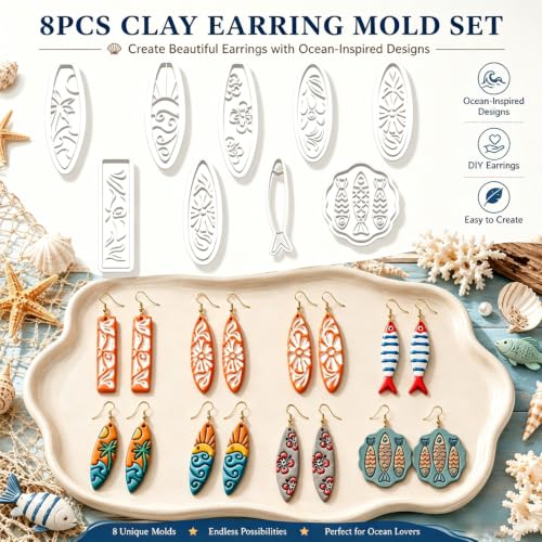 8Pcs Ocean Clay Earring Molds, Fish Flower Wave Polymer Clay Tools. Ocean Fish, Wave & Floral Patterns for Detailed Handmade Earrings and Coastal Clay Jewelry Designs - color: Surfboard