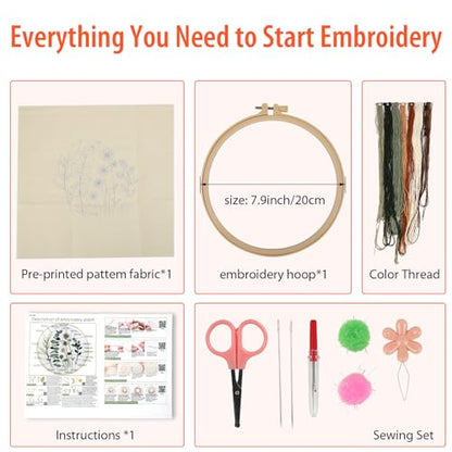 Beginner Flower Embroidery Kit for Adults, Pre-Printed with Video Tutorial - color: flower