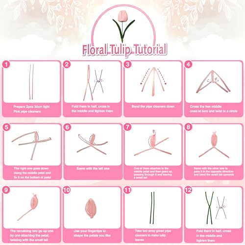 LINAYE 500 PCS Pipe Cleaners Craft, 6 Colors Pipe Cleaners Flowers Kit, Chenille Stems for Crafts with Instruction Wrapping Paper, Flower Stamens, Stems Art and Craft Supplies Pink (12inch x 6mm) - color: Pink