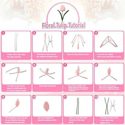 LINAYE 500 PCS Pipe Cleaners Craft, 6 Colors Pipe Cleaners Flowers Kit, Chenille Stems for Crafts with Instruction Wrapping Paper, Flower Stamens, Stems Art and Craft Supplies Pink (12inch x 6mm) - color: Pink