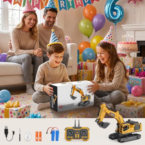 Remote Control Excavator Toy for Boys, 2.4GHz RC Excavator Toys with Metal Bucket, 12-Channel Construction Vehicle with Mist/Lights/Sound, 2x1200mAh Batteries, STEM Birthday Gift for Kids 8-12 - size: 13.4*4.5*6.9IN