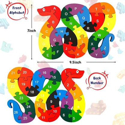 Montessori Pattern Blocks & Alphabet Puzzle Set, 209 PCS Wooden Shapes with Cards + A–Z Snake ABC Jigsaw, Educational Learning Toys for Toddlers