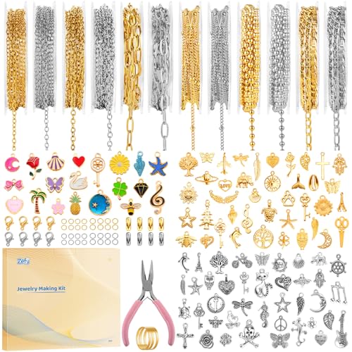 Zefy 18K Gold Silver Chain for Jewelry Making Kit with 380 Pcs Charms - size: Large