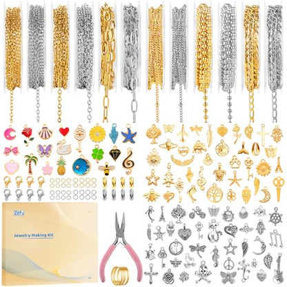 Zefy 18K Gold Silver Chain for Jewelry Making Kit with 380 Pcs Charms - size: Large