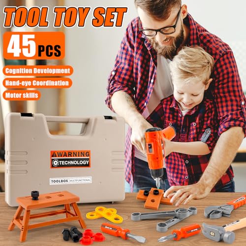 45Pcs Kids Tool Set with Electric Drill Toy and Portable Toddler Toolbox, Tool Box for Kids Age 3-5,Montessori Play Toolbox, STEM Educational Tool Toys Birthday Gift At Ages 3–6 for Pretend Play Sets