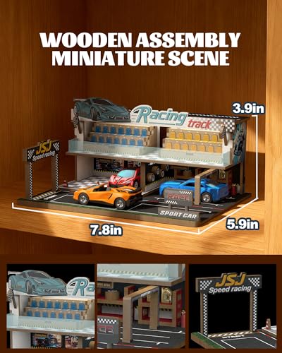 1/64 Diorama Racetrack with LED, Wooden Garage for Hot Wheels