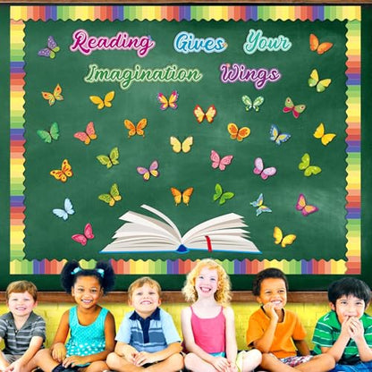 Reading Bulletin Board Decorations Set Classroom Spring Butterfly Bulletin Board Borders Cutouts Decor Reading Gives Your Imagination Wings School Bulletins Boards Craft Home Wall(Read) - style: Butterfly Reading