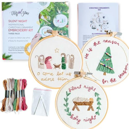 Elly & Grace Christian Embroidery Kit with Embroidery Hoop, Easy Embroidery Kit for Beginners and Adults, Full Embroidery Hoop Kit with Needles and Thread Included (Silent Night) - style: Silent Night