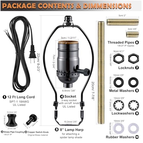 Lamp Making Kit,Make a Lamp or Repair Kit,3-Way Lamp Socket with Matching Cord Lamp Harp Set,Lamp Wiring Kit for Table Floor Lamp,Essential Hardware for DIY Lamp Design or Repair (Black, 1) - style: Black