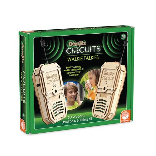 MindWare Gearjits Circuits Walkie Talkies – Build-Your-Own Wooden Walkie Talkie Kit – STEM Building Kit for Kids Ages 8+ – Works Up to 1,600 Feet – 2‑Player Set